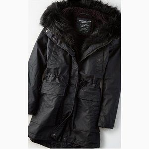 American Eagle AE Woman's Long Lined Faux Fur Sherpa Hood Parka Jacket Coat